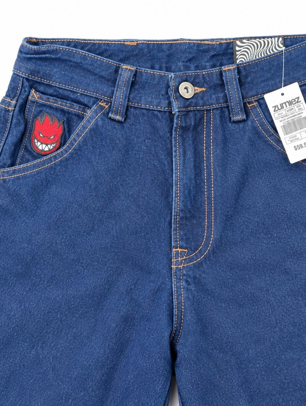 Zumiez Men's Blue Denim Jeans with Red Flame Patch